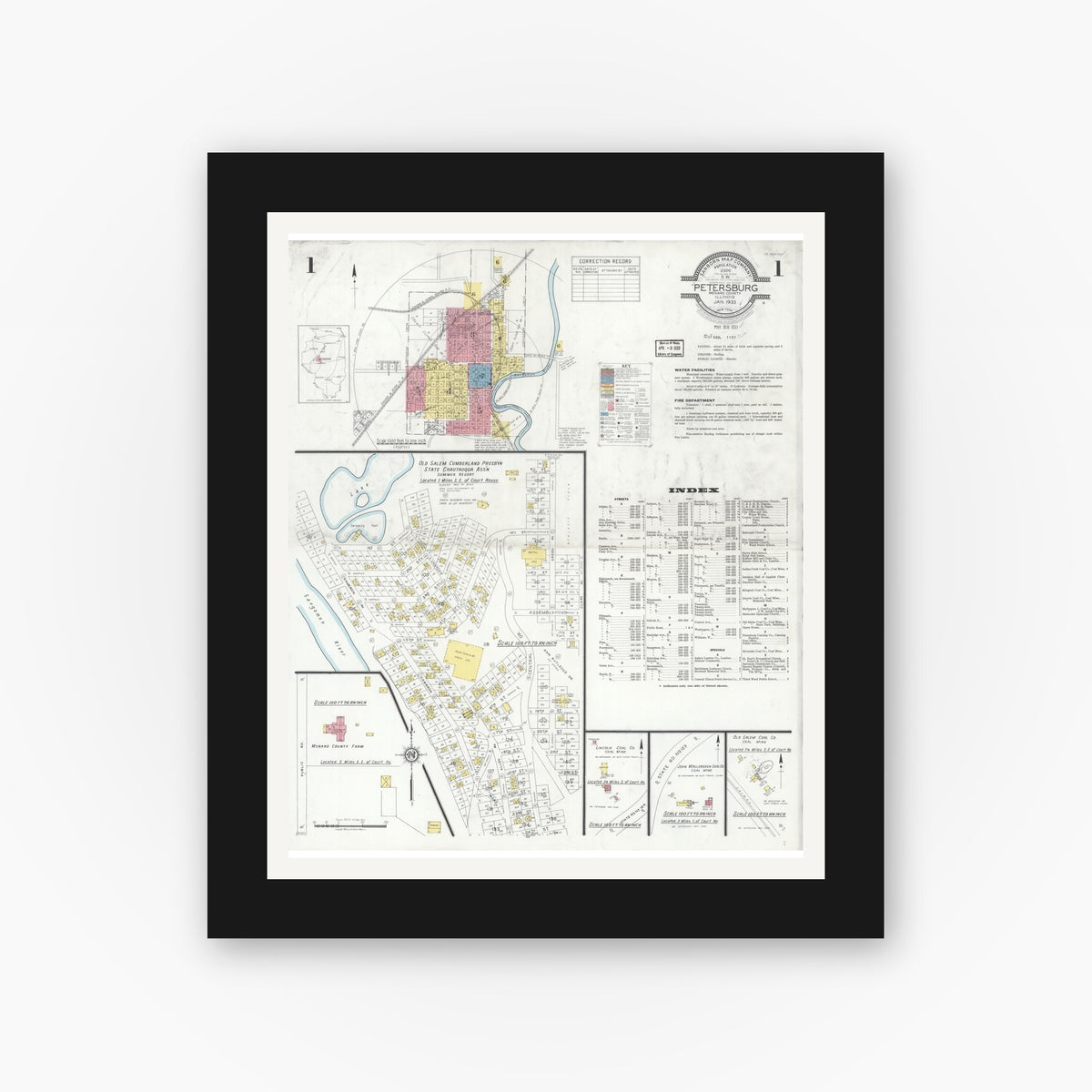 Old map wall art mockup — black gallery frame with white mat — Sanborn Fire Insurance Map from Petersburg, Menard County, Illinois (1933) - Complete Map Set