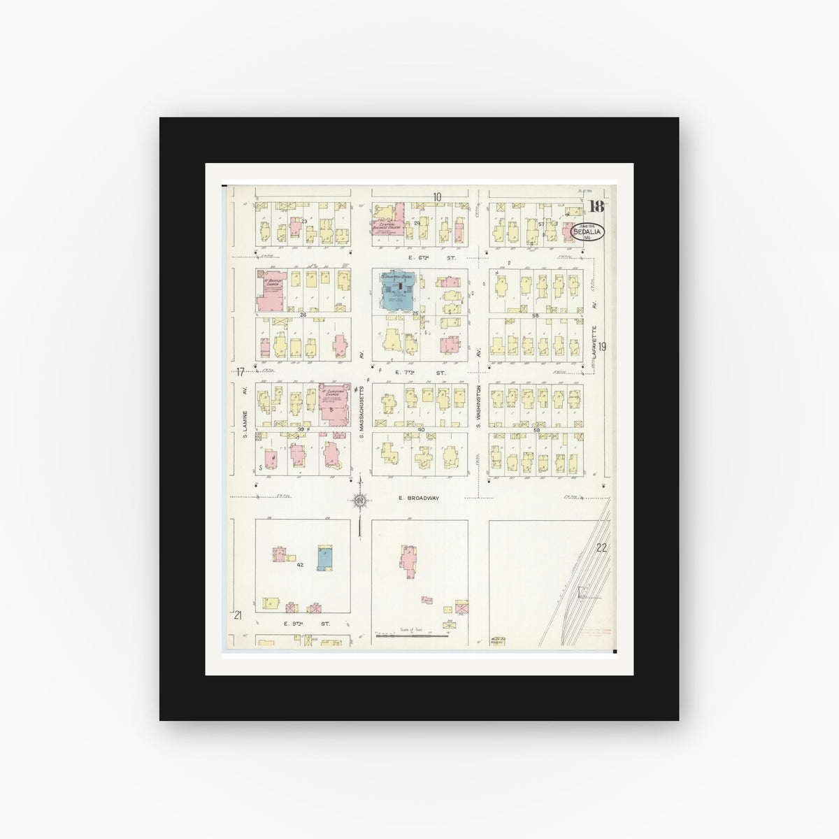 Old map wall art mockup — black gallery frame with white mat — Sanborn Fire Insurance Map from Sedalia, Pettis County, Missouri (1914), Sheet #0018