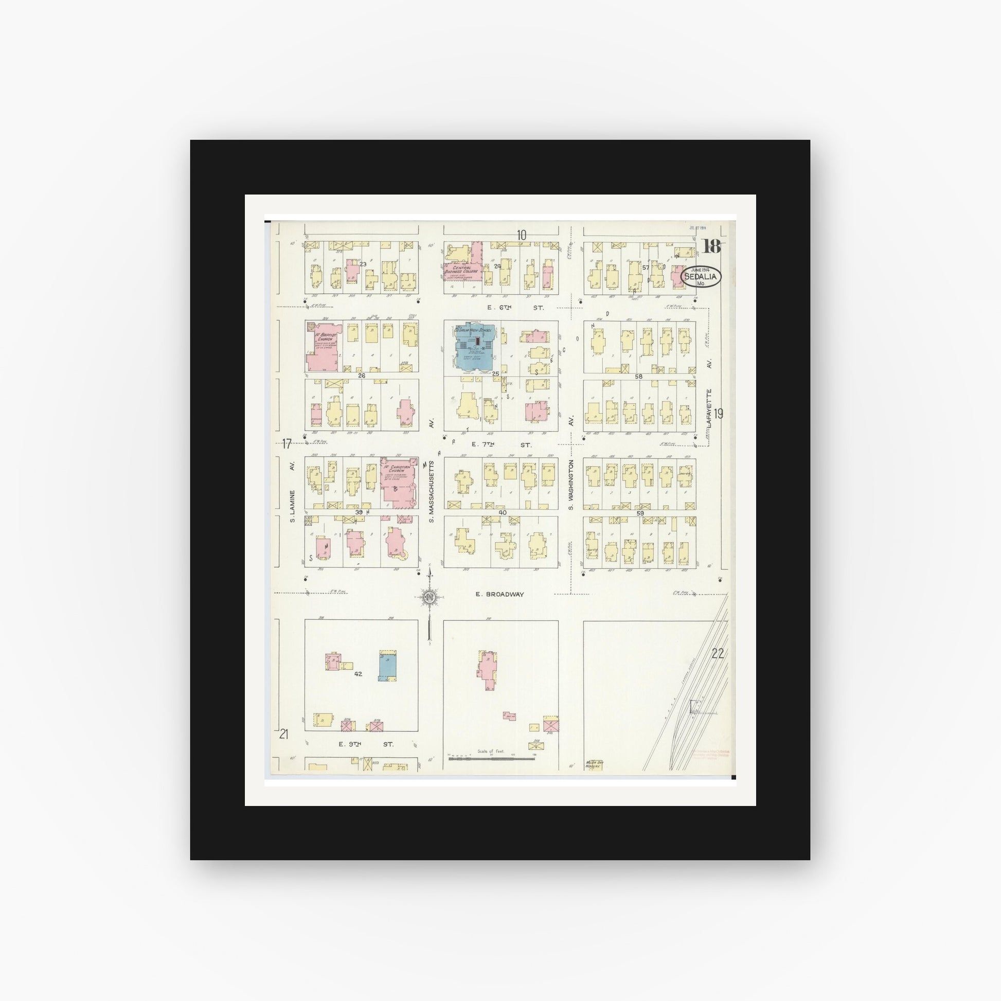 Old map wall art mockup — black gallery frame with white mat — Sanborn Fire Insurance Map from Sedalia, Pettis County, Missouri (1914), Sheet #0018