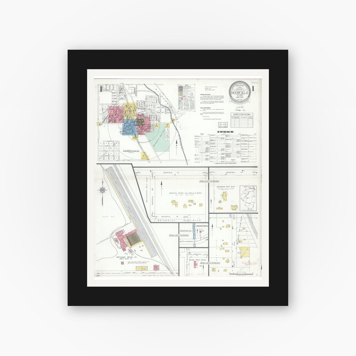 Old map wall art mockup — black gallery frame with white mat — Sanborn Fire Insurance Map from Deerfield, Lake County, Illinois (1935) - Complete Map Set