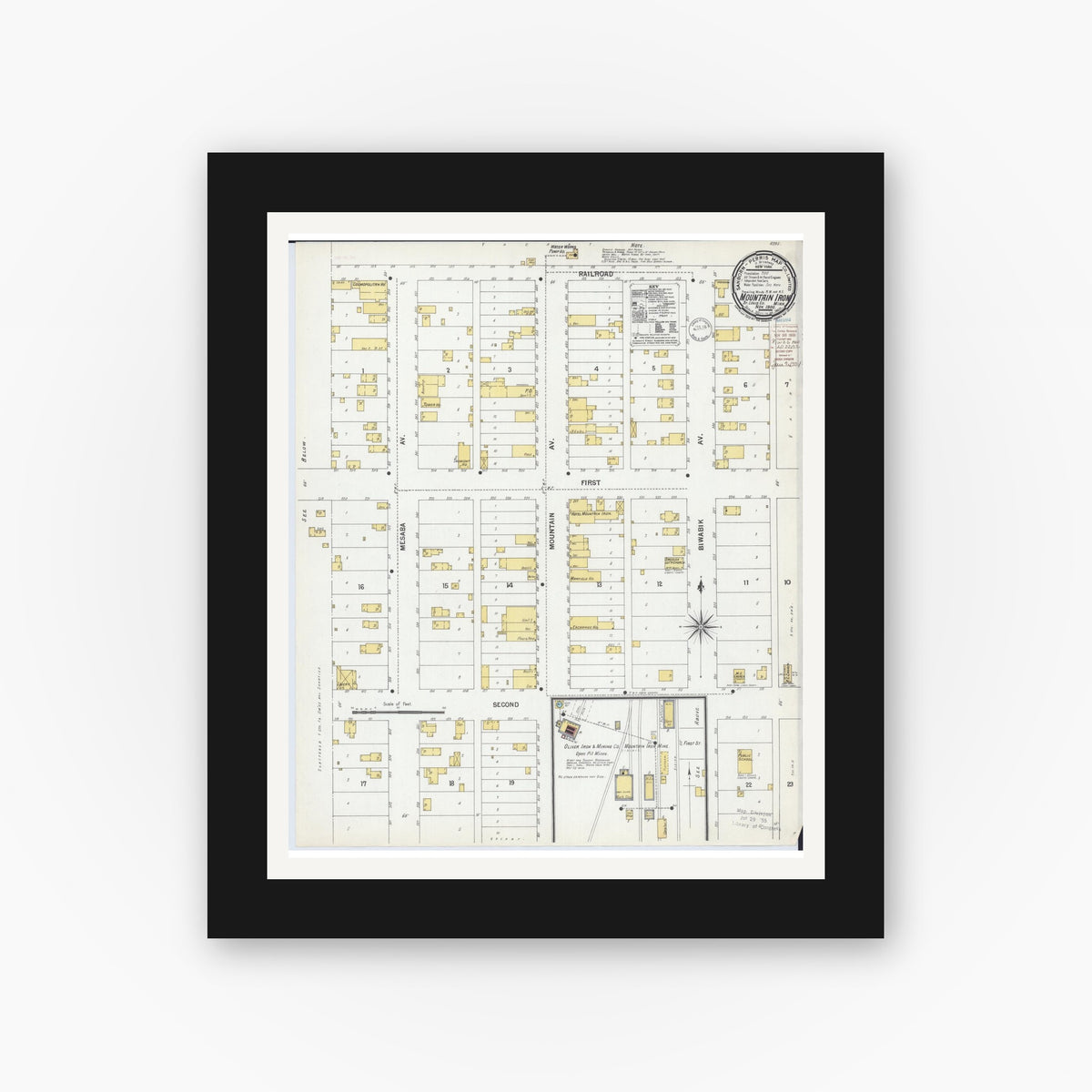Old map wall art mockup — black gallery frame with white mat — Sanborn Fire Insurance Map from Mountain Iron, Saint Louis County, Minnesota (1900), Sheet #0001