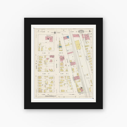 Old map wall art mockup — black gallery frame with white mat — Sanborn Fire Insurance Map from Mattoon, Coles County, Illinois (1915), Sheet #0005