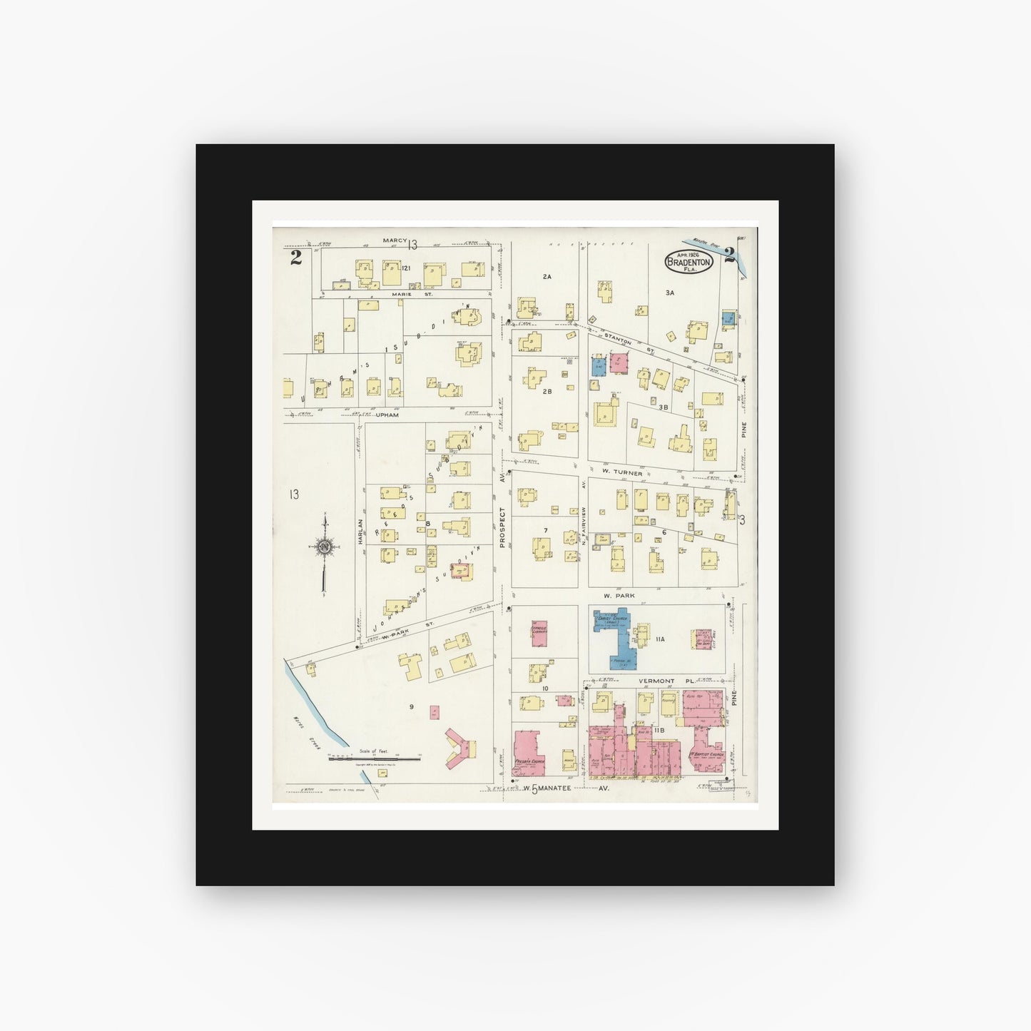 Old map wall art mockup — black gallery frame with white mat — Sanborn Fire Insurance Map from Bradentown, Manatee County, Florida (1926), Sheet #0002