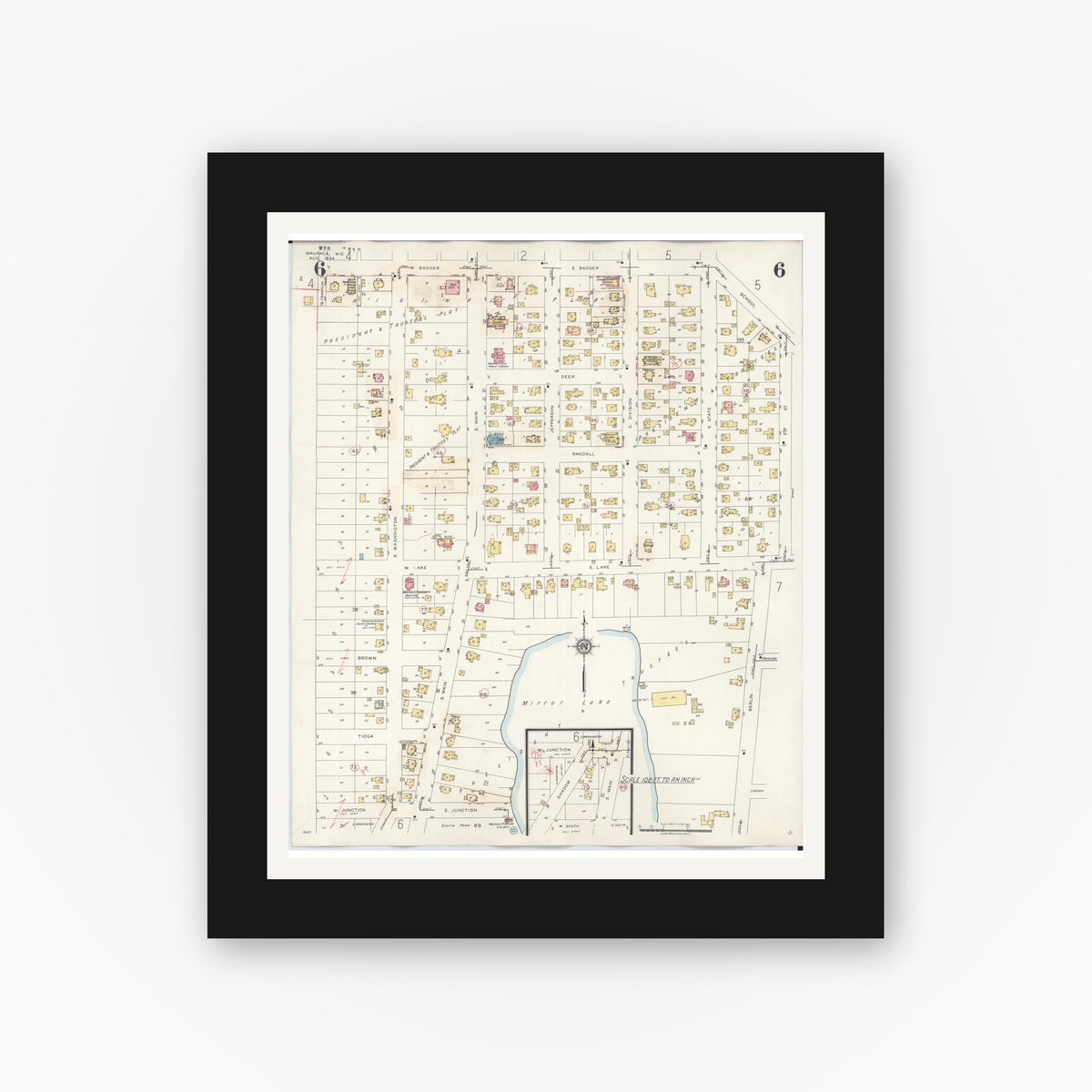 Old map wall art mockup — black gallery frame with white mat — Sanborn Fire Insurance Map from Waupaca, Waupaca County, Wisconsin (1941), Sheet #0006