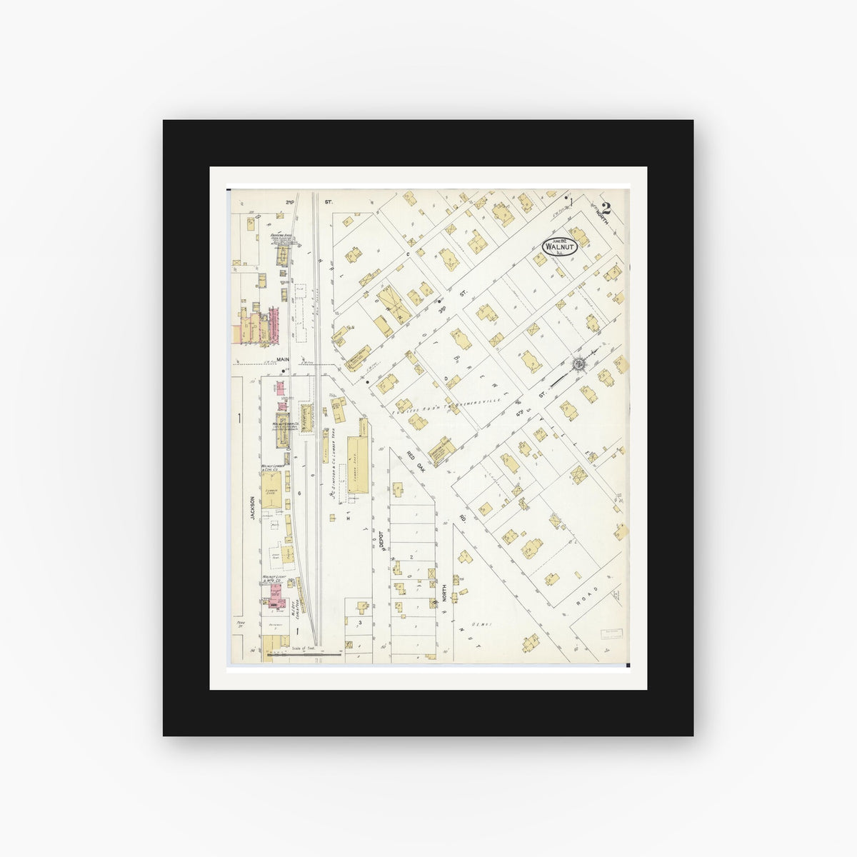 Old map wall art mockup — black gallery frame with white mat — Sanborn Fire Insurance Map from Walnut, Bureau County, Illinois (1912), Sheet #0002