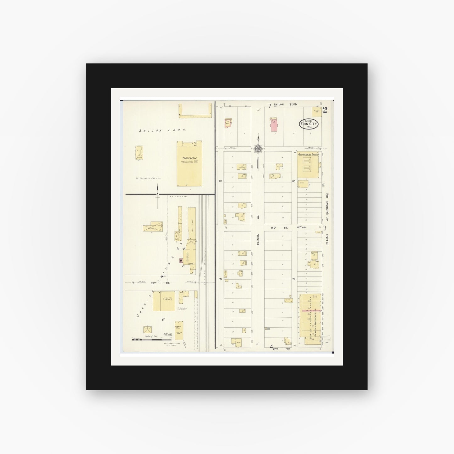 Old map wall art mockup — black gallery frame with white mat — Sanborn Fire Insurance Map from Zion, Lake County, Illinois (1911), Sheet #0002