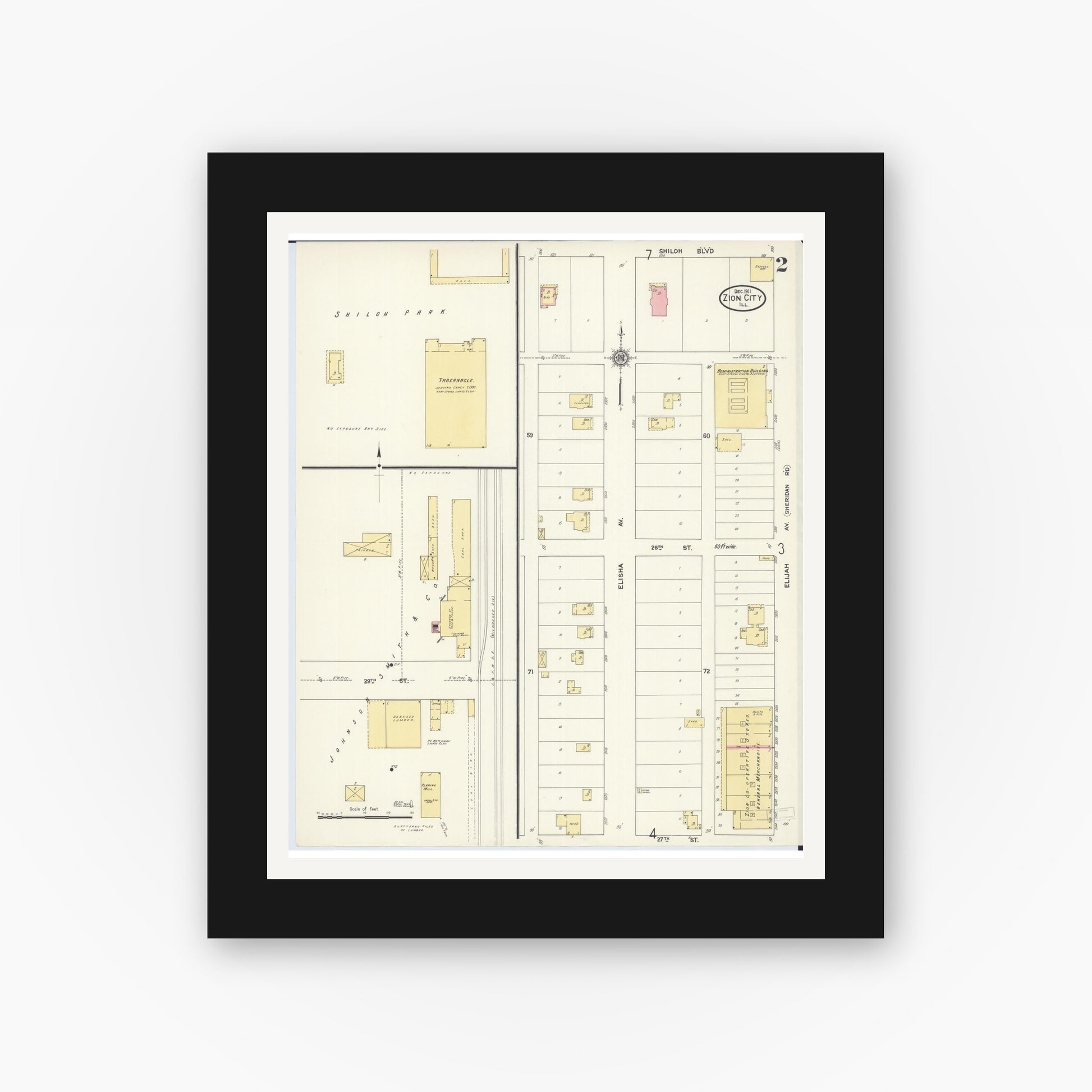 Old map wall art mockup — black gallery frame with white mat — Sanborn Fire Insurance Map from Zion, Lake County, Illinois (1911), Sheet #0002