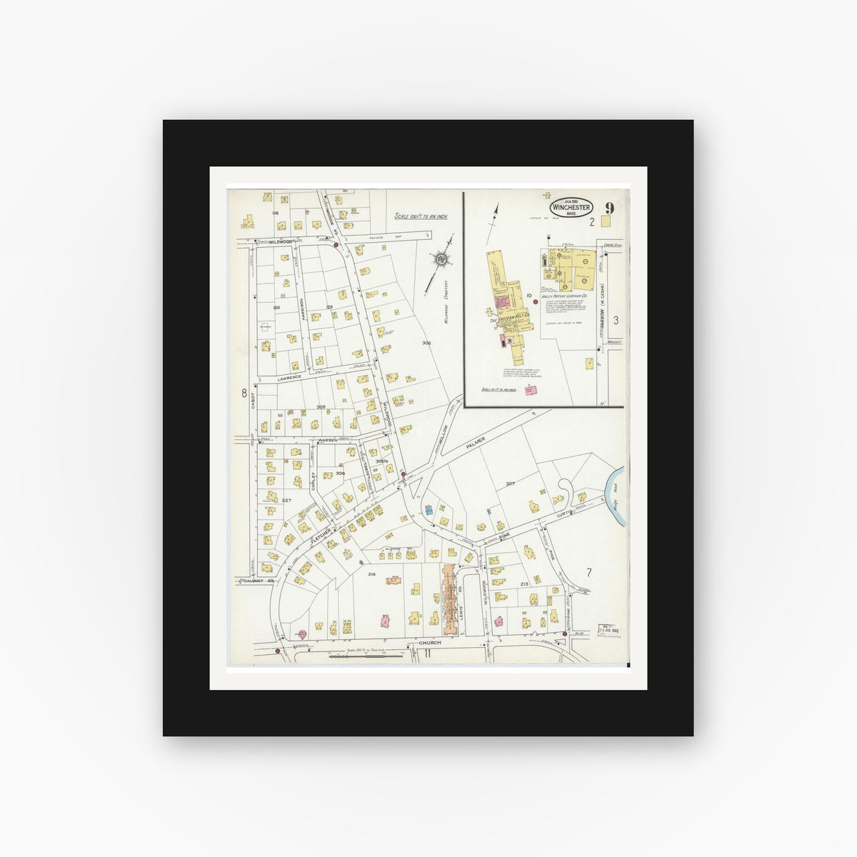Old map wall art mockup — black gallery frame with white mat — Sanborn Fire Insurance Map from Winchester, Middlesex County, Massachusetts (1916), Sheet #0009