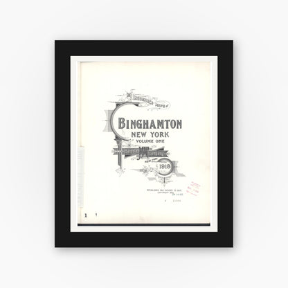 Old map wall art mockup — black gallery frame with white mat — Sanborn Fire Insurance Map from Binghamton, Broome County, New York (1952), Sheet #0001