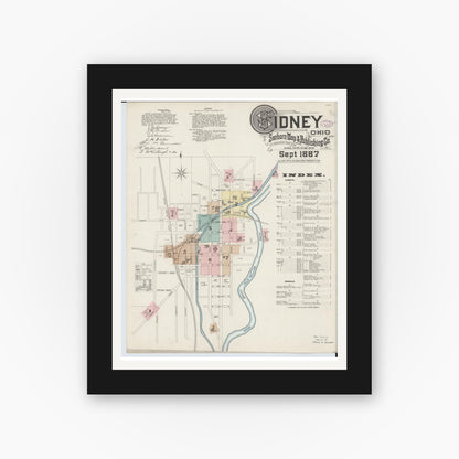 Old map wall art mockup — black gallery frame with white mat — Sanborn Fire Insurance Map from Sidney, Shelby County, Ohio (1887), Sheet #0001