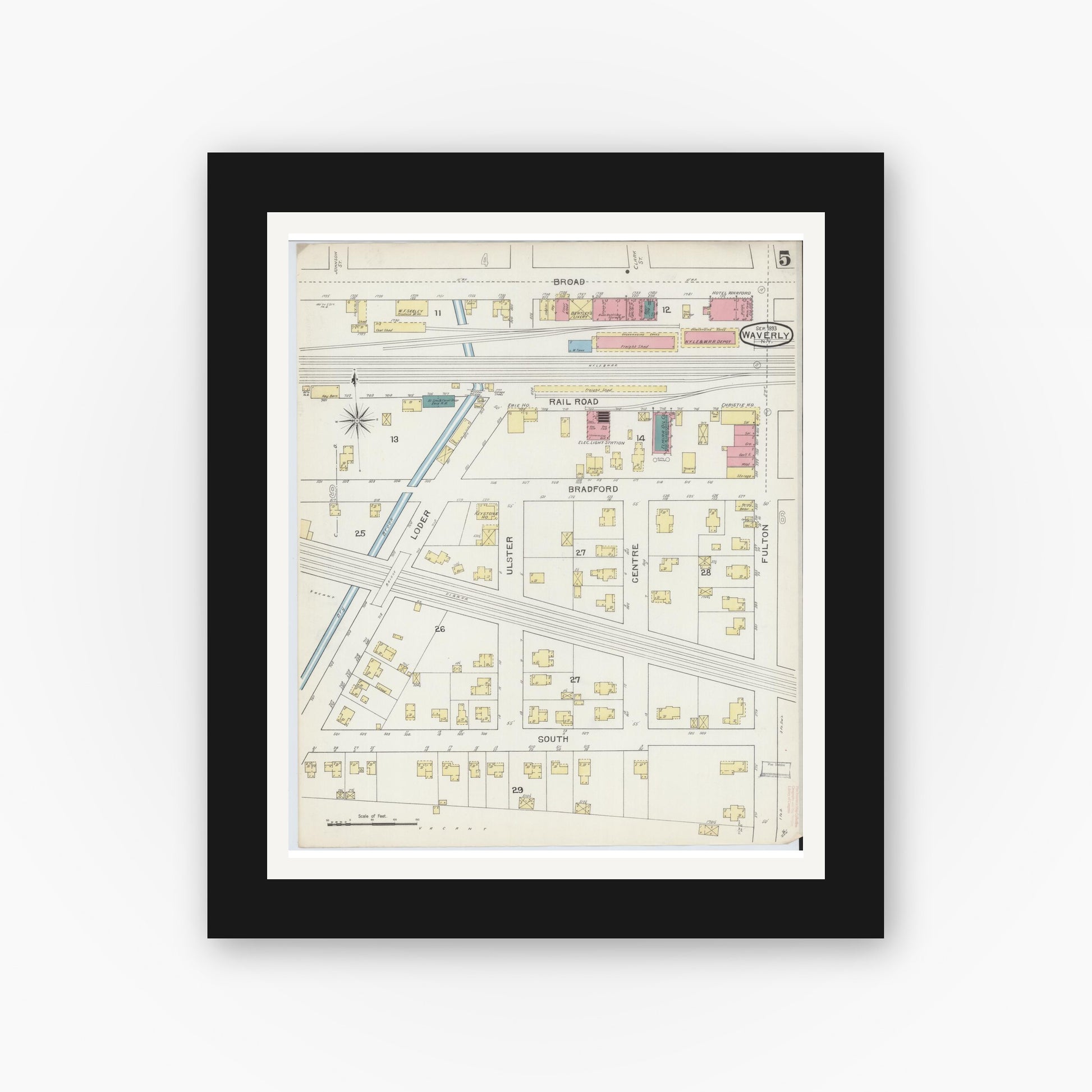 Old map wall art mockup — black gallery frame with white mat — Sanborn Fire Insurance Map from Waverly, Tioga County, New York (1893), Sheet #0005