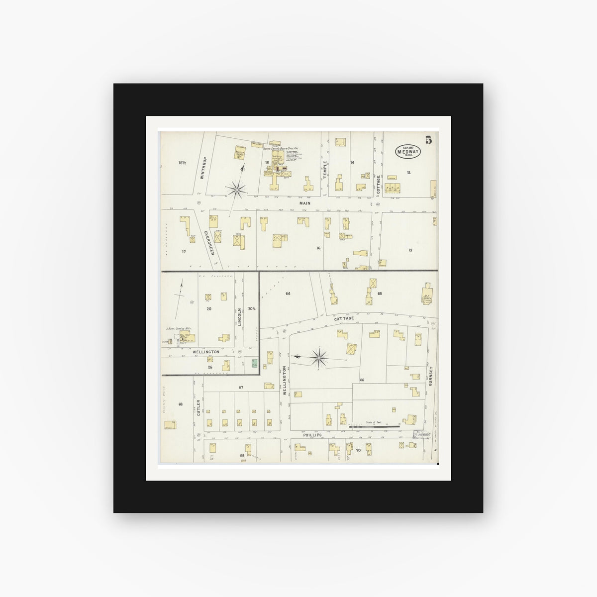 Old map wall art mockup — black gallery frame with white mat — Sanborn Fire Insurance Map from Medway, Norfolk County, Massachusetts (1897), Sheet #0005