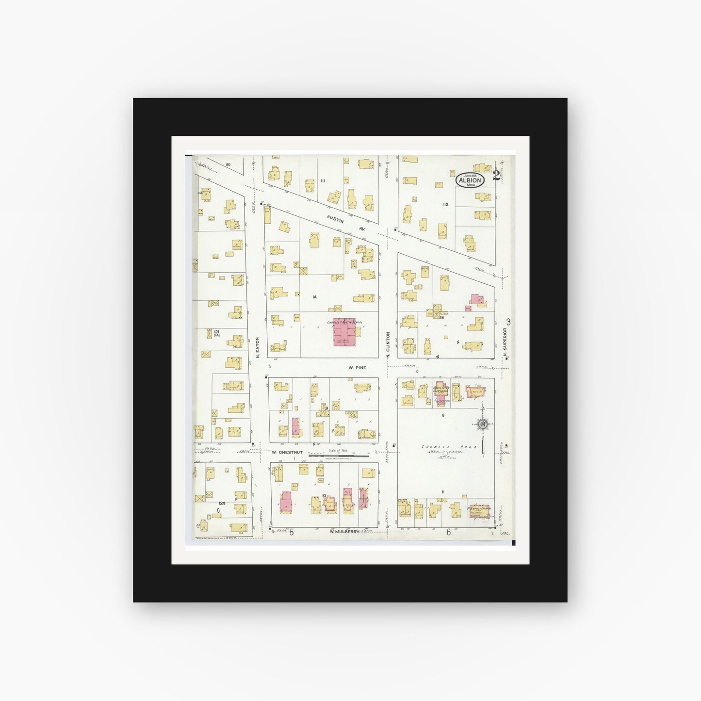 Old map wall art mockup — black gallery frame with white mat — Sanborn Fire Insurance Map from Albion, Calhoun County, Michigan (1918), Sheet #0002