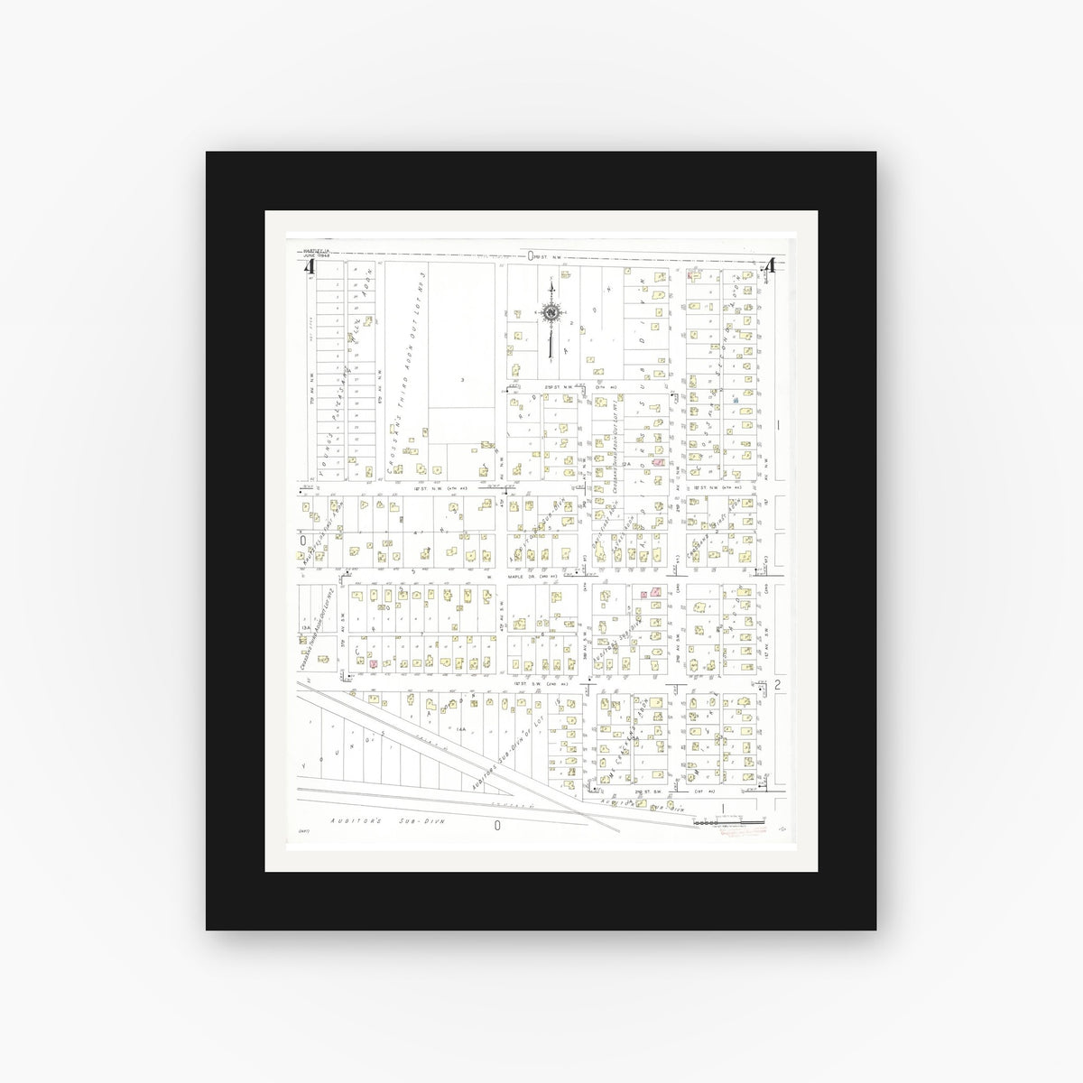 Old map wall art mockup — black gallery frame with white mat — Sanborn Fire Insurance Map from Hartley, O'Brien County, Iowa (1948), Sheet #0004
