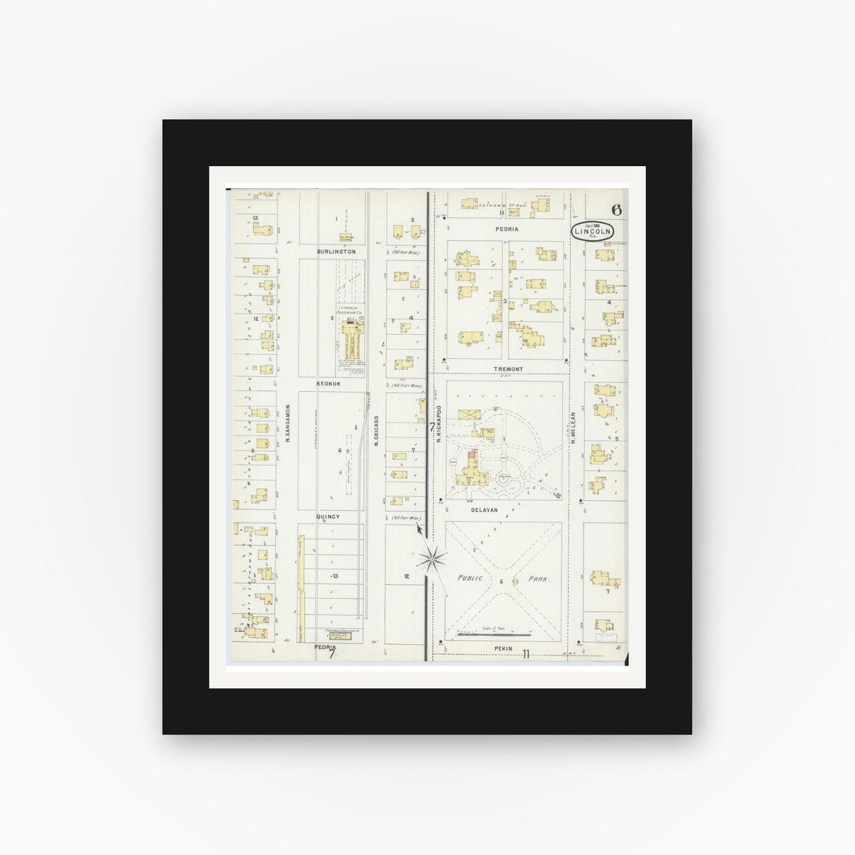 Old map wall art mockup — black gallery frame with white mat — Sanborn Fire Insurance Map from Lincoln, Logan County, Illinois (1896), Sheet #0006