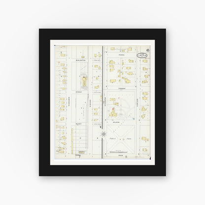 Old map wall art mockup — black gallery frame with white mat — Sanborn Fire Insurance Map from Lincoln, Logan County, Illinois (1896), Sheet #0006