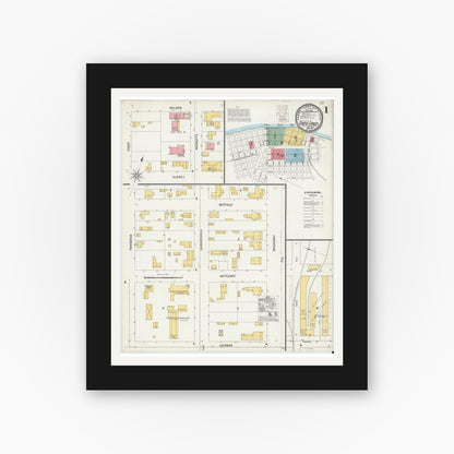Old map wall art mockup — black gallery frame with white mat — Sanborn Fire Insurance Map from Corpus Christi, Nueces County, Texas (1900), Sheet #0001