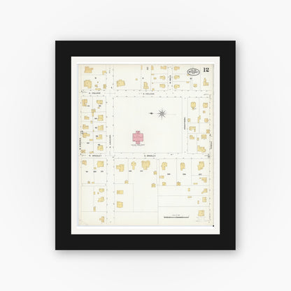 Old map wall art mockup — black gallery frame with white mat — Sanborn Fire Insurance Map from McKinney, Collin County, Texas (1908), Sheet #0012