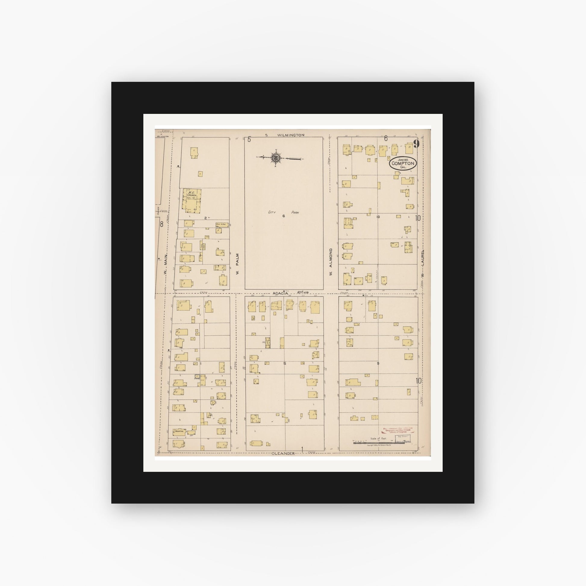 Old map wall art mockup — black gallery frame with white mat — Sanborn Fire Insurance Map from Compton, Los Angeles County, California (1922), Sheet #0009