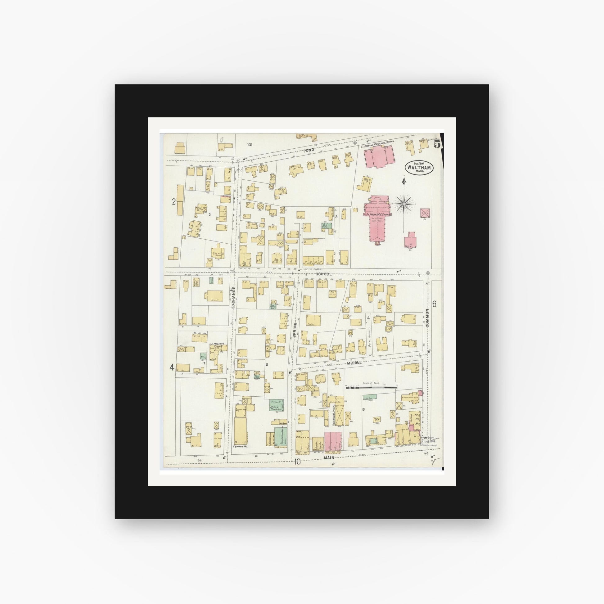 Old map wall art mockup — black gallery frame with white mat — Sanborn Fire Insurance Map from Waltham, Middlesex County, Massachusetts (1897), Sheet #0005