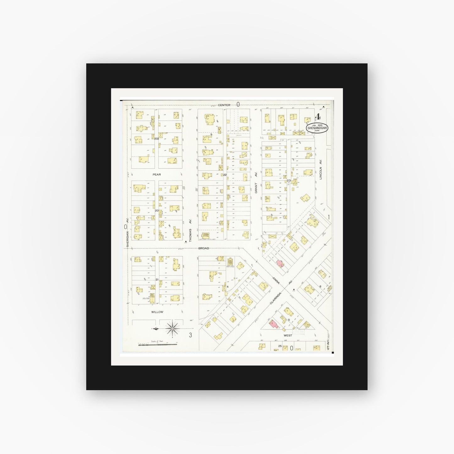 Old map wall art mockup — black gallery frame with white mat — Sanborn Fire Insurance Map from Shenandoah, Page County, Iowa (1899), Sheet #0004