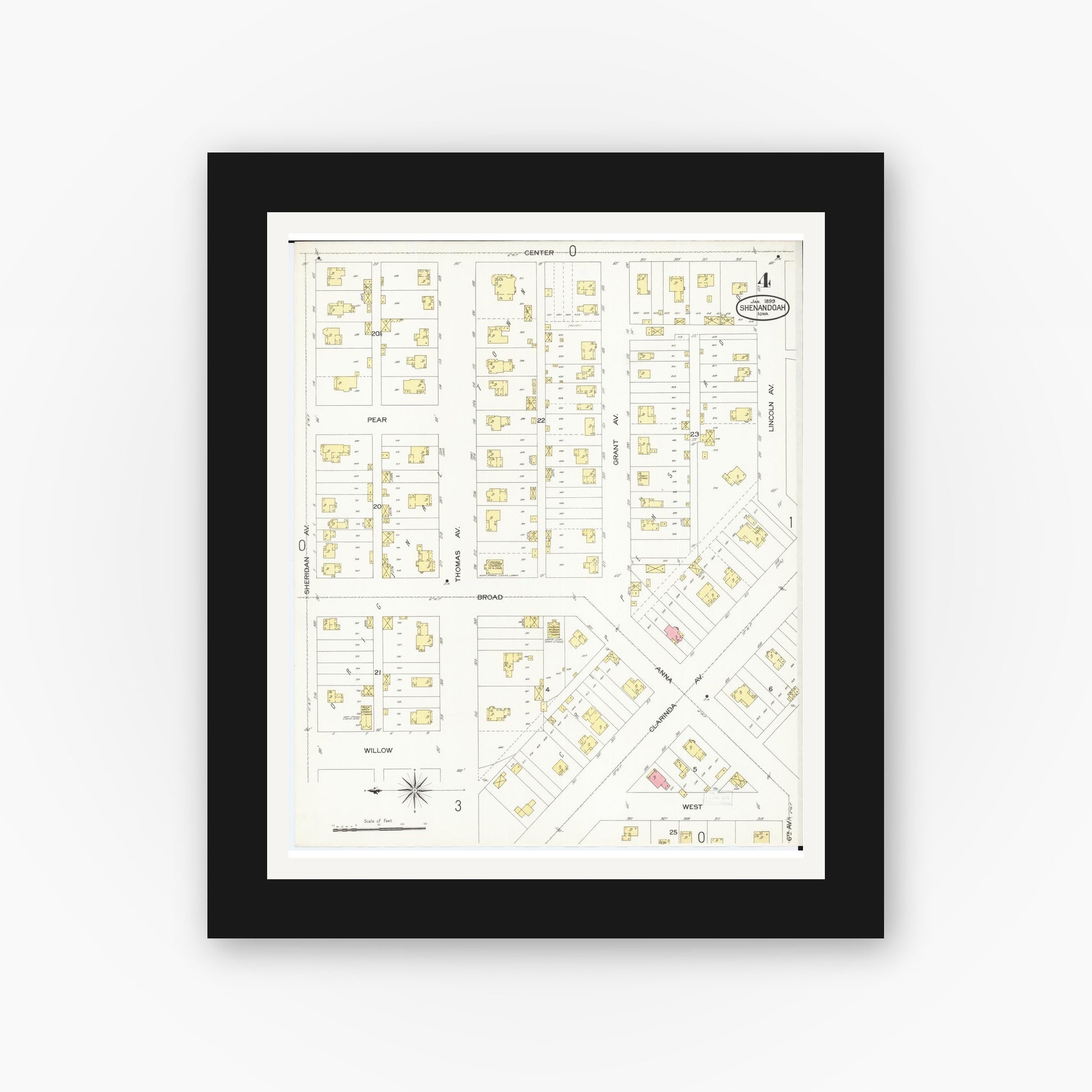 Old map wall art mockup — black gallery frame with white mat — Sanborn Fire Insurance Map from Shenandoah, Page County, Iowa (1899), Sheet #0004