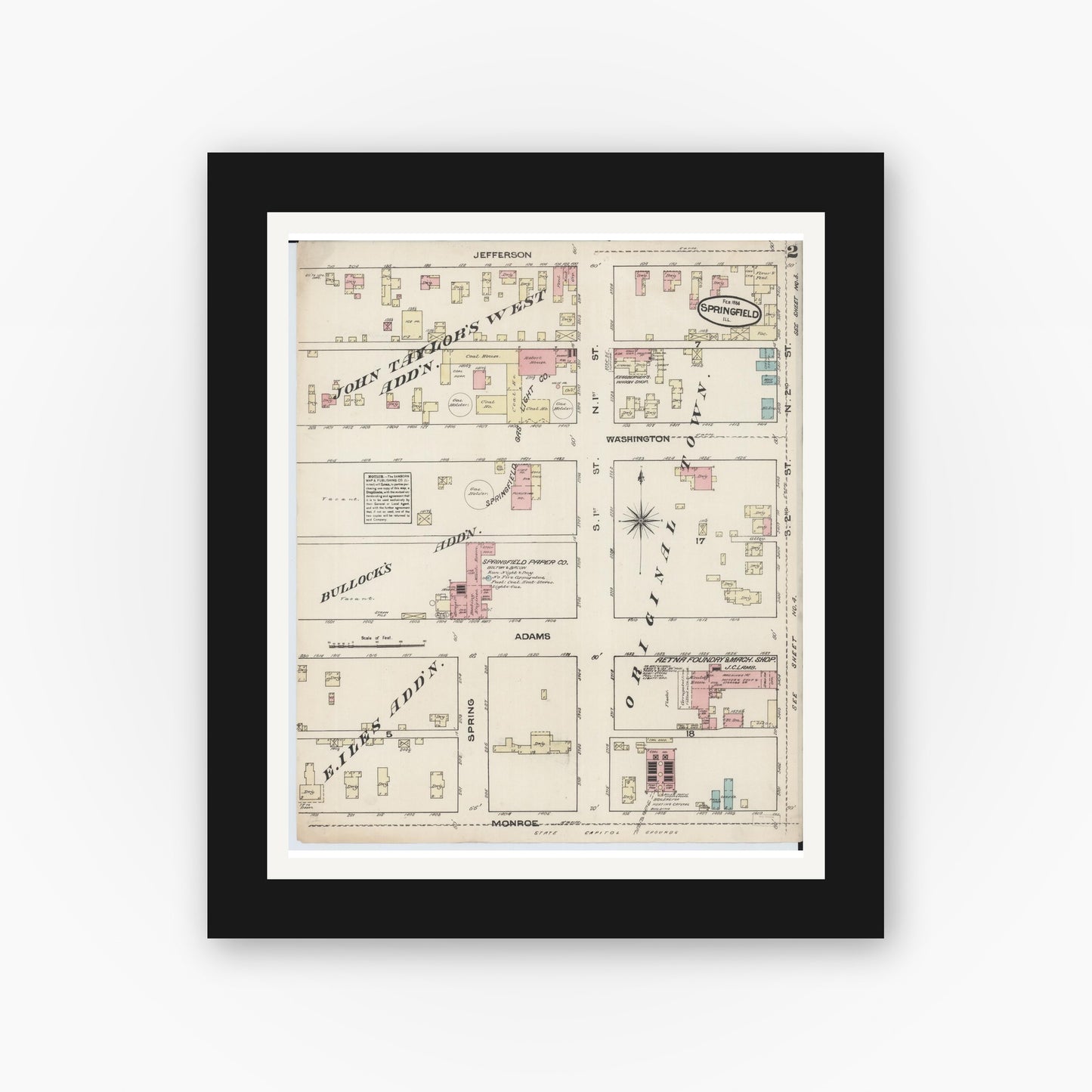Old map wall art mockup — black gallery frame with white mat — Sanborn Fire Insurance Map from Springfield, Sangamon County, Illinois (1884), Sheet #0002