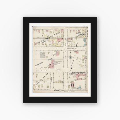 Old map wall art mockup — black gallery frame with white mat — Sanborn Fire Insurance Map from Springfield, Sangamon County, Illinois (1884), Sheet #0002