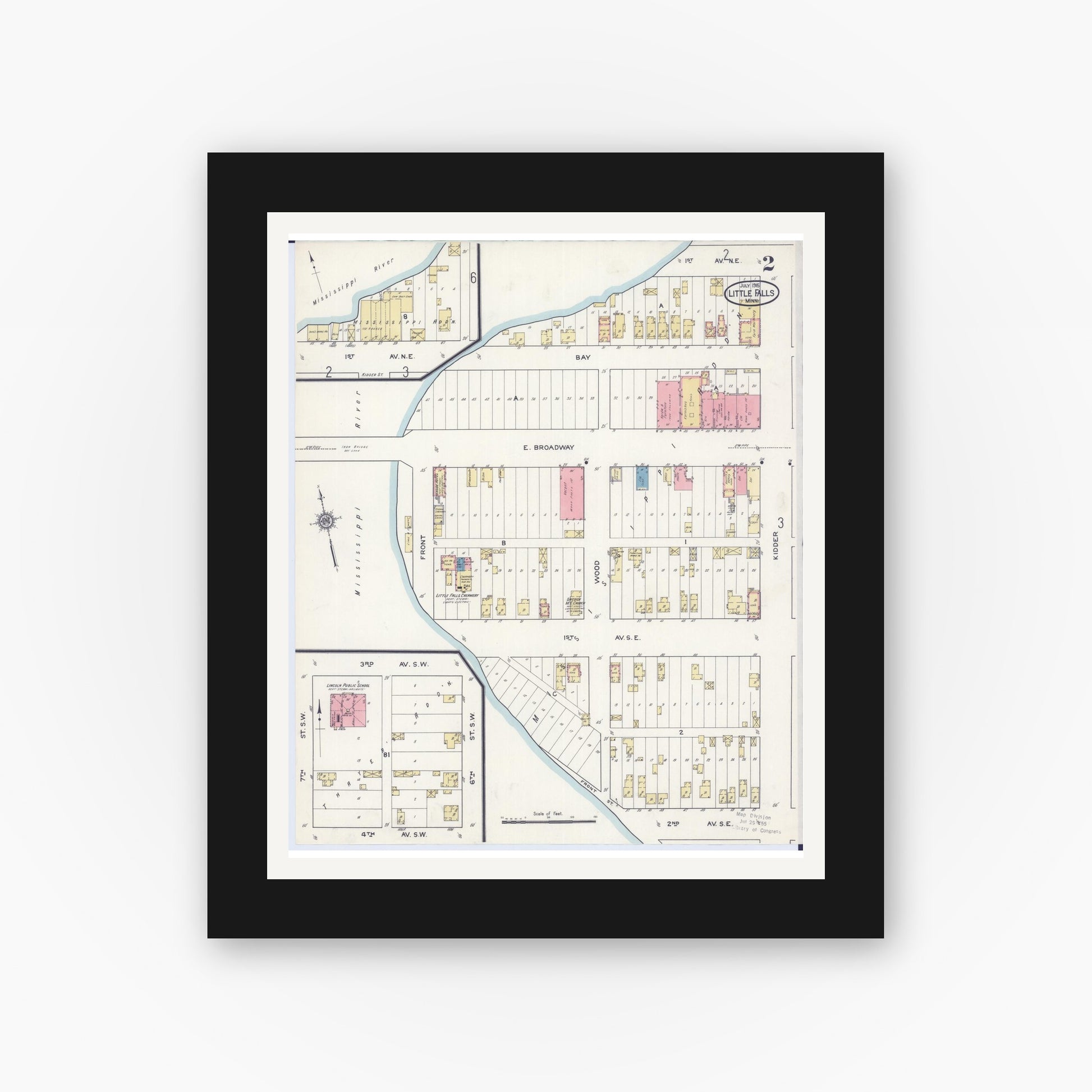 Old map wall art mockup — black gallery frame with white mat — Sanborn Fire Insurance Map from Little Falls, Morrison County, Minnesota (1915), Sheet #0002