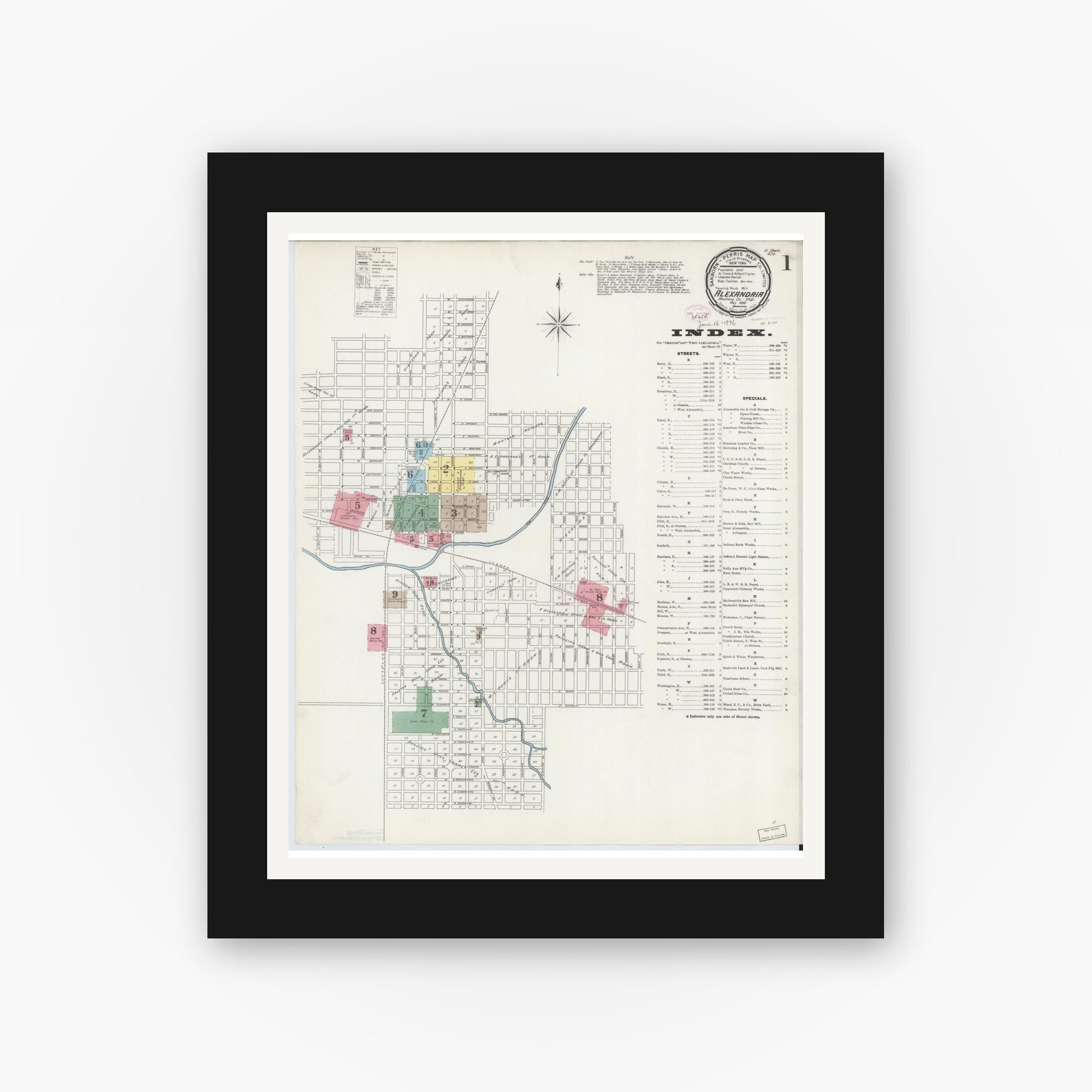 Old map wall art mockup — black gallery frame with white mat — Sanborn Fire Insurance Map from Alexandria, Madison County, Indiana (1896), Sheet #0001