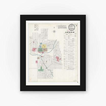 Old map wall art mockup — black gallery frame with white mat — Sanborn Fire Insurance Map from Alexandria, Madison County, Indiana (1896), Sheet #0001