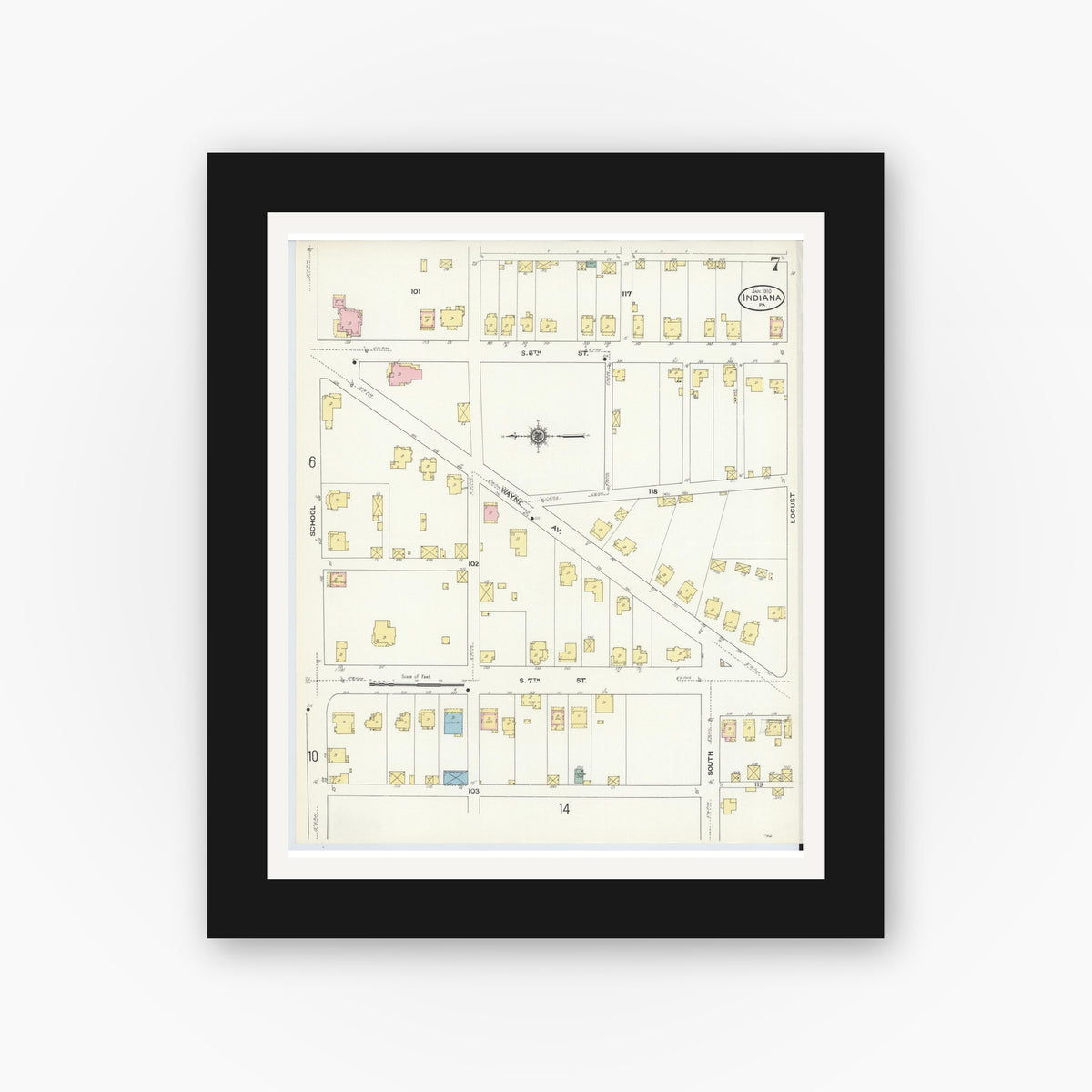Old map wall art mockup — black gallery frame with white mat — Sanborn Fire Insurance Map from Indiana, Indiana County, Pennsylvania (1910), Sheet #0007