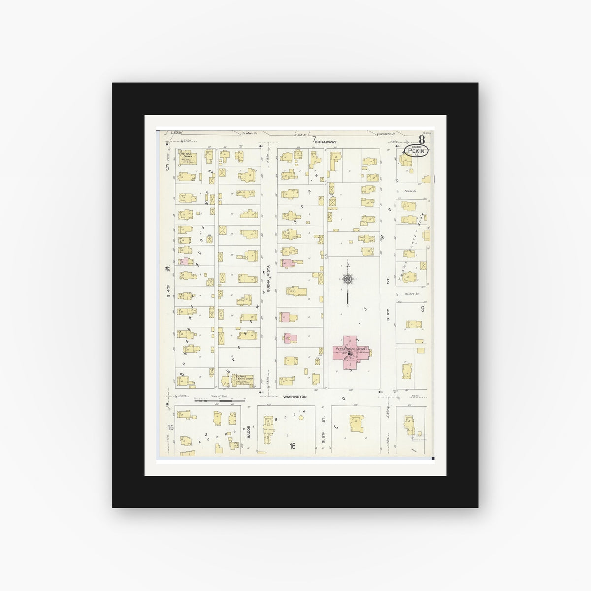 Old map wall art mockup — black gallery frame with white mat — Sanborn Fire Insurance Map from Pekin, Tazewell County, Illinois (1909), Sheet #0008