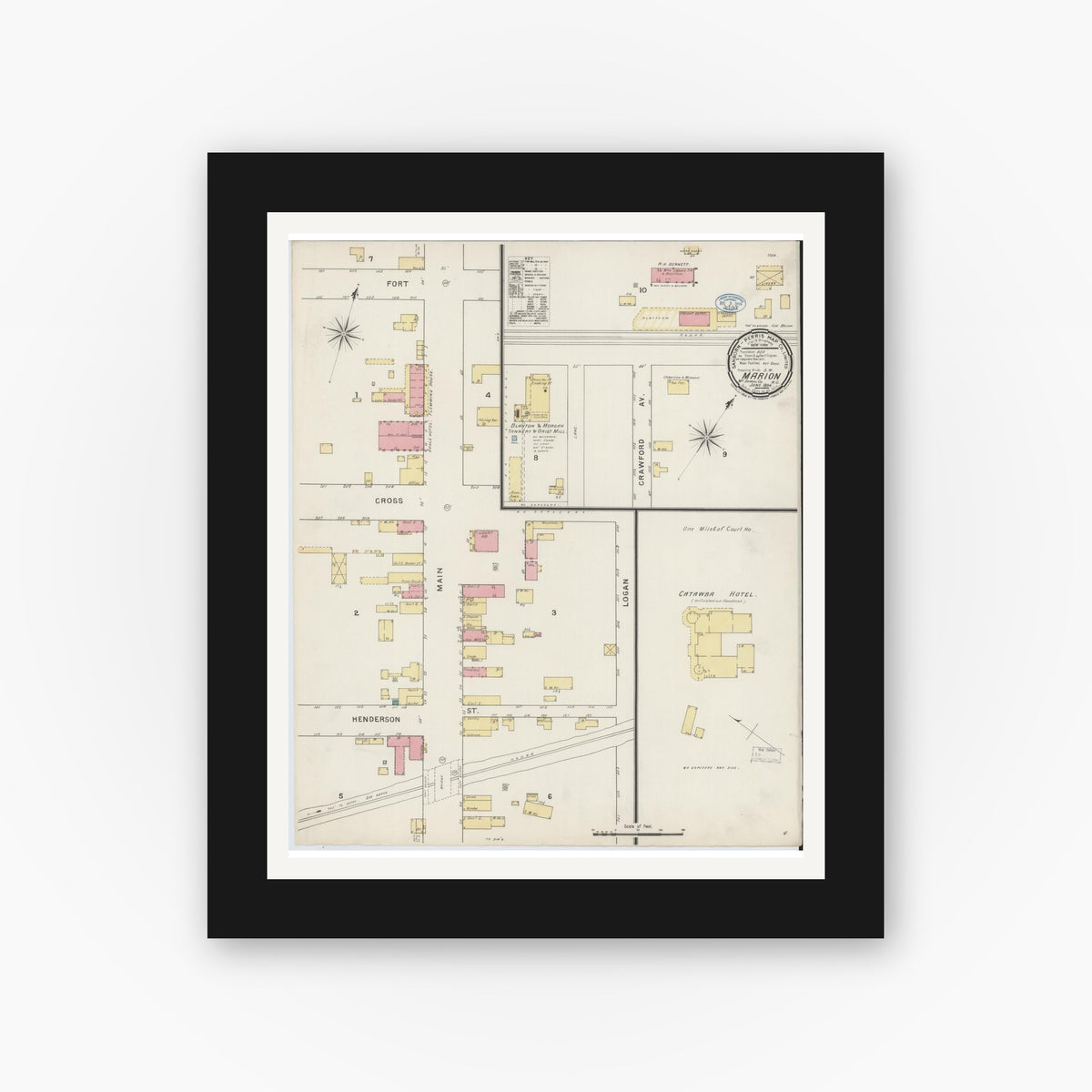 Old map wall art mockup — black gallery frame with white mat — Sanborn Fire Insurance Map from Marion, Mcdowell County, North Carolina (1894), Sheet #0001