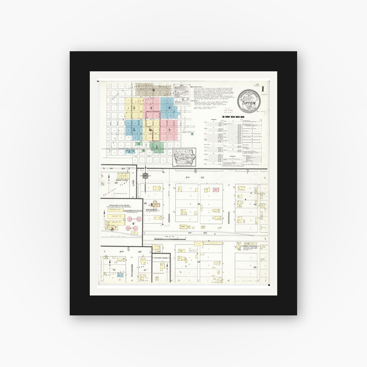Old map wall art mockup — black gallery frame with white mat — Sanborn Fire Insurance Map from Tipton, Cedar County, Iowa (1914) â€” Complete Set
