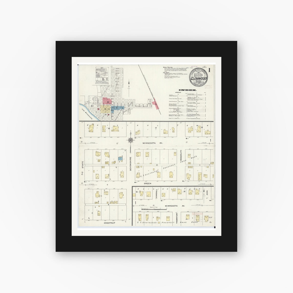 Old map wall art mockup — black gallery frame with white mat — Sanborn Fire Insurance Map from Glenwood, Pope County, Minnesota (1909), Sheet #0001