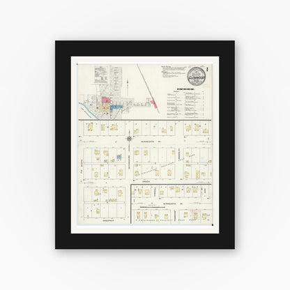 Old map wall art mockup — black gallery frame with white mat — Sanborn Fire Insurance Map from Glenwood, Pope County, Minnesota (1909), Sheet #0001