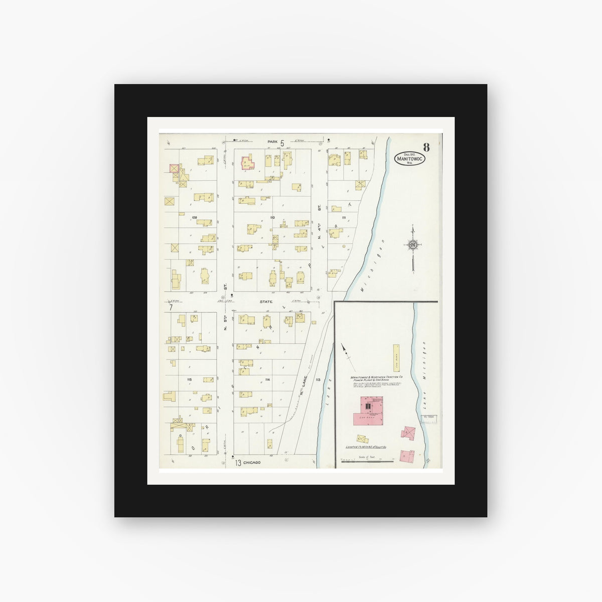 Old map wall art mockup — black gallery frame with white mat — Sanborn Fire Insurance Map from Manitowoc, Manitowoc County, Wisconsin (1912), Sheet #0008