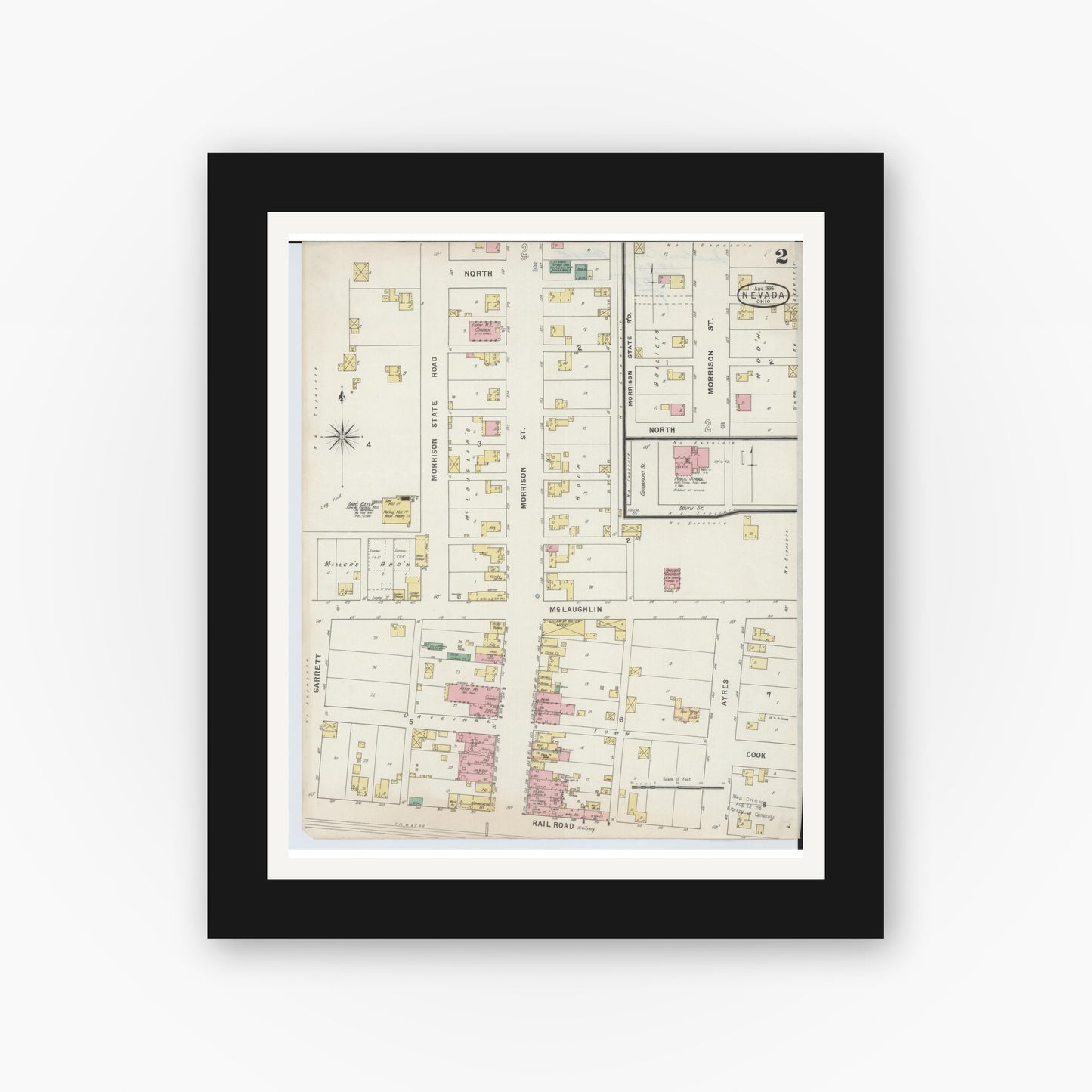 Old map wall art mockup — black gallery frame with white mat — Sanborn Fire Insurance Map from Nevada, Wyandot County, Ohio (1895), Sheet #0002