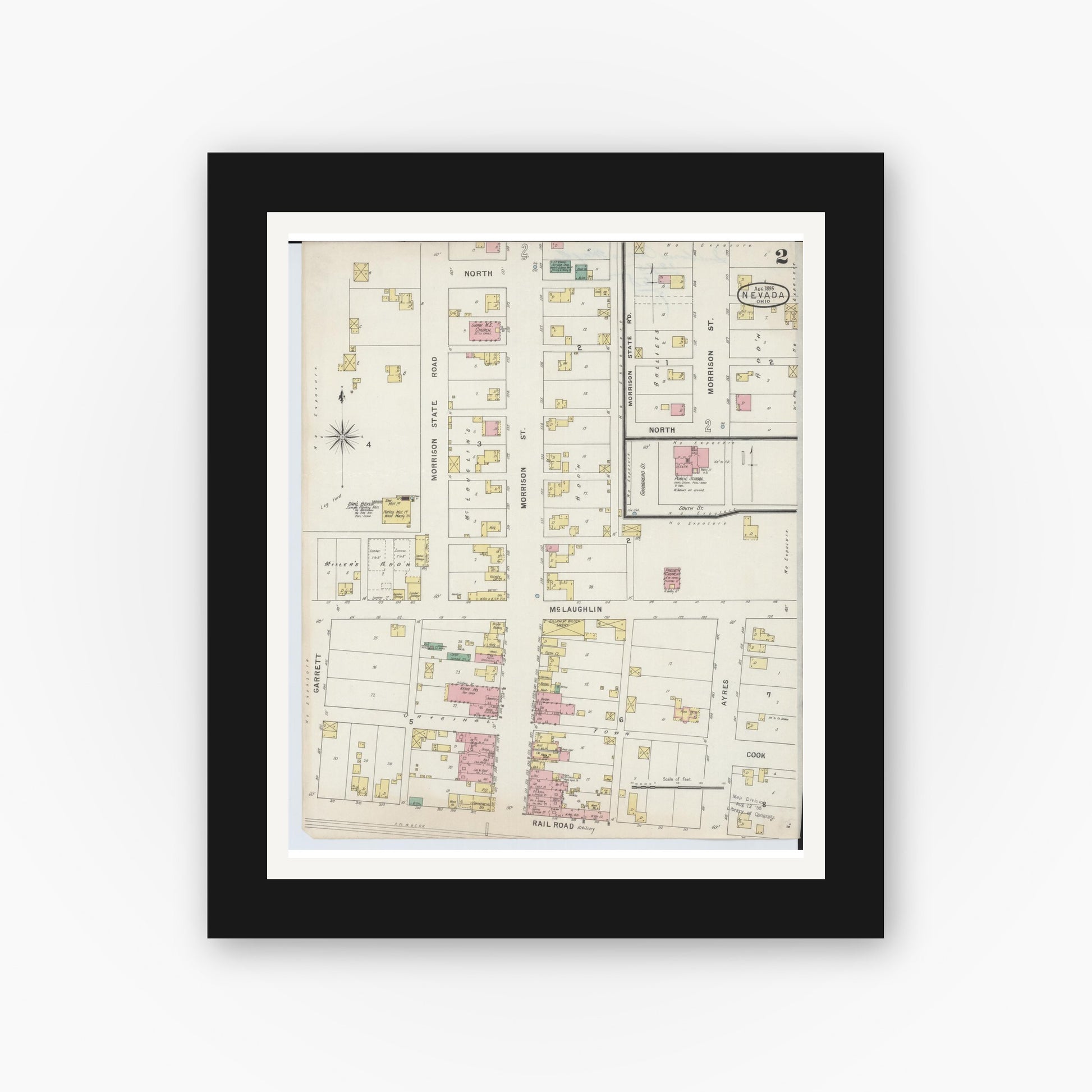 Old map wall art mockup — black gallery frame with white mat — Sanborn Fire Insurance Map from Nevada, Wyandot County, Ohio (1895), Sheet #0002
