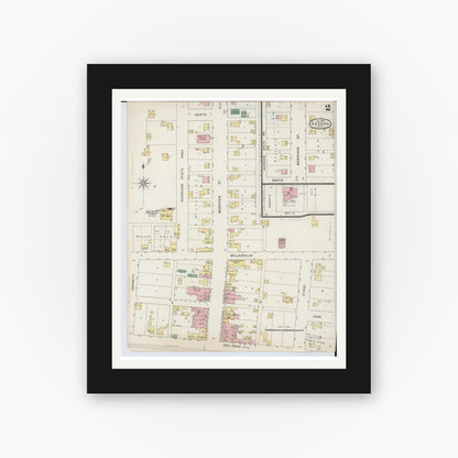 Old map wall art mockup — black gallery frame with white mat — Sanborn Fire Insurance Map from Nevada, Wyandot County, Ohio (1895), Sheet #0002