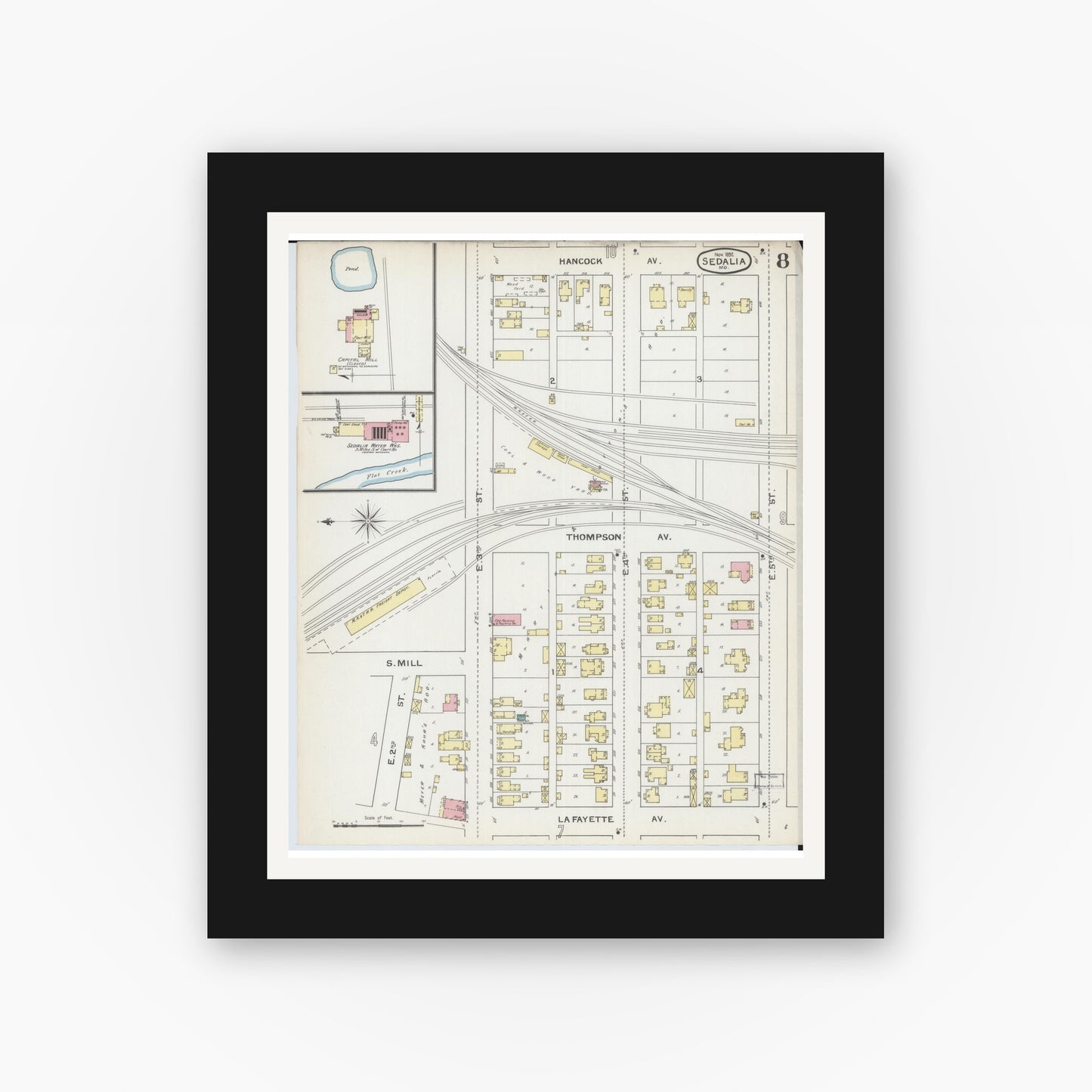 Old map wall art mockup — black gallery frame with white mat — Sanborn Fire Insurance Map from Sedalia, Pettis County, Missouri (1892), Sheet #0008