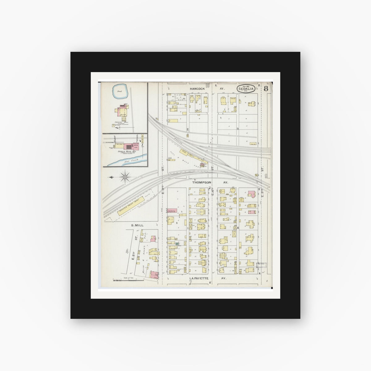 Old map wall art mockup — black gallery frame with white mat — Sanborn Fire Insurance Map from Sedalia, Pettis County, Missouri (1892), Sheet #0008