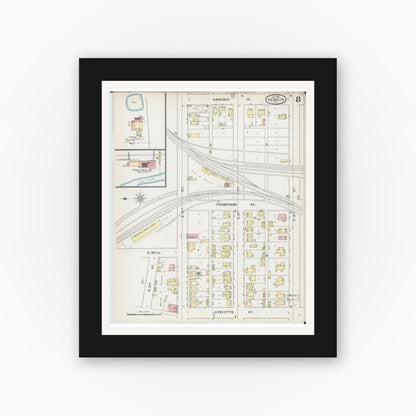 Old map wall art mockup — black gallery frame with white mat — Sanborn Fire Insurance Map from Sedalia, Pettis County, Missouri (1892), Sheet #0008