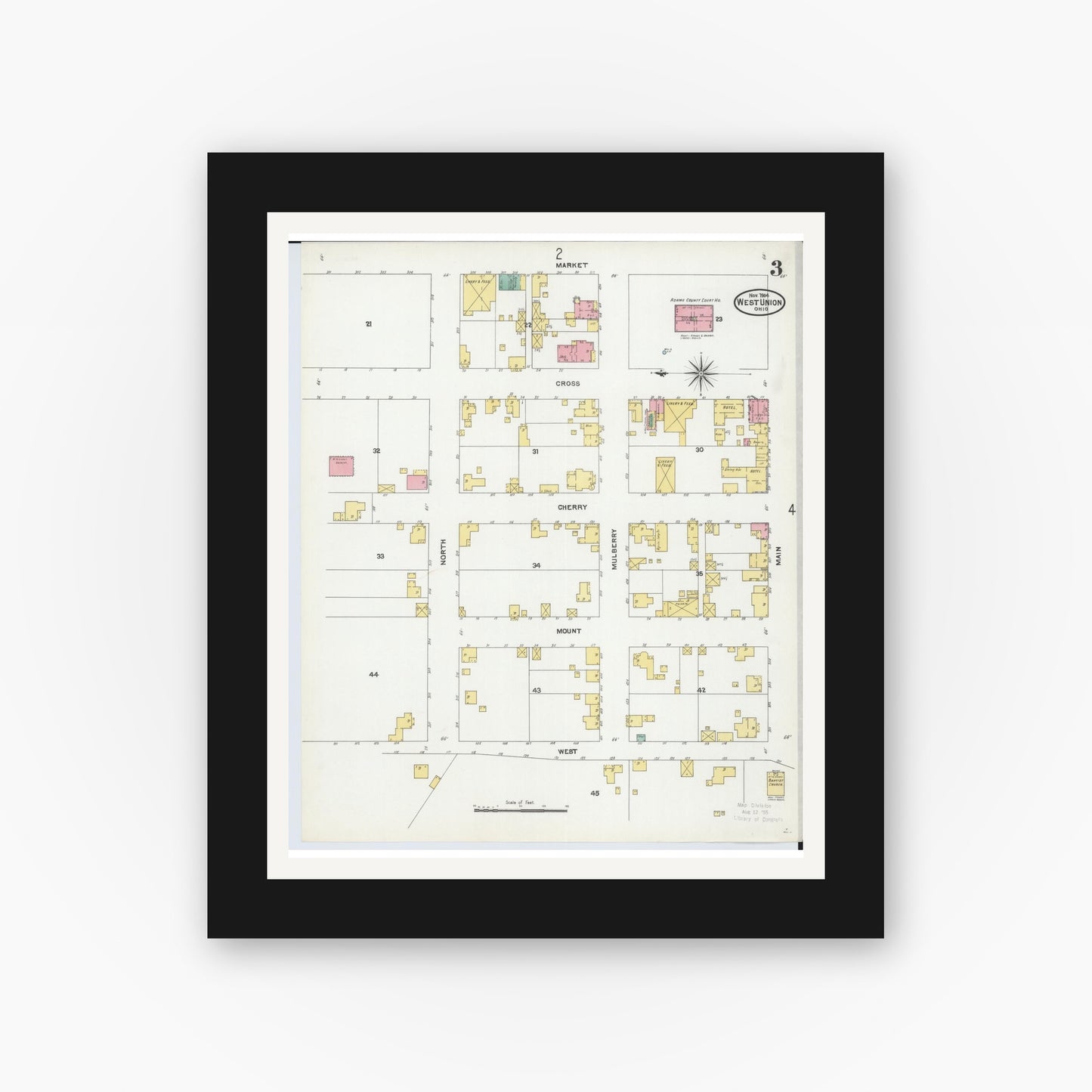 Old map wall art mockup — black gallery frame with white mat — Sanborn Fire Insurance Map from West Union, Adams County, Ohio (1904), Sheet #0003