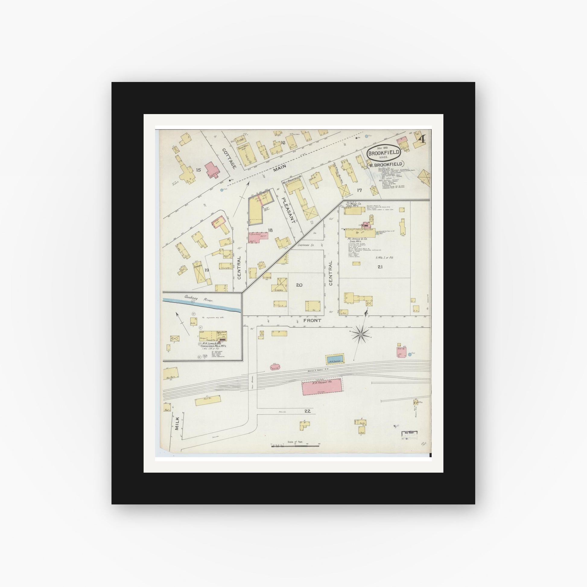 Old map wall art mockup — black gallery frame with white mat — Sanborn Fire Insurance Map from Brookfield, Worcester County, Massachusetts (1893), Sheet #0004