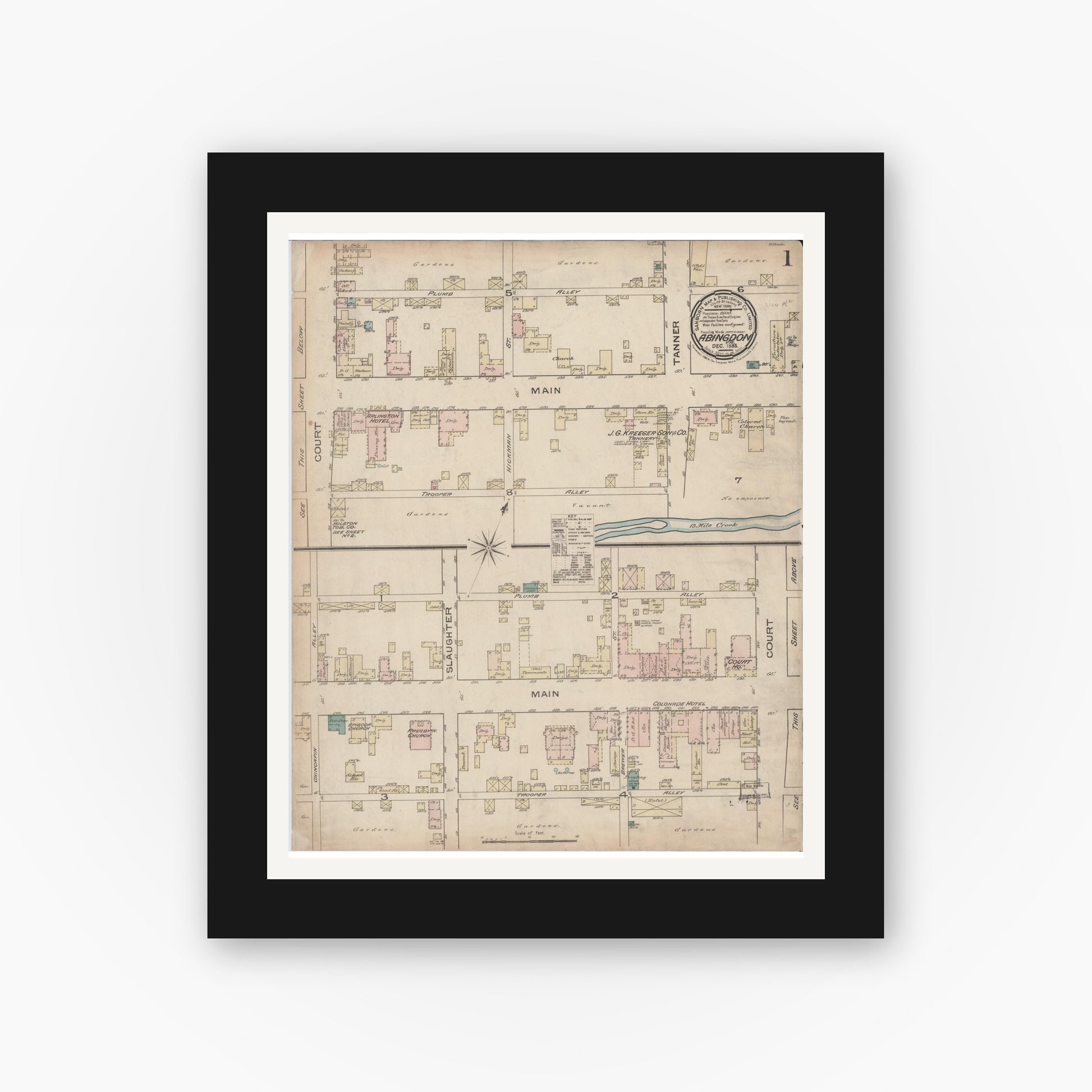 Old map wall art mockup — black gallery frame with white mat — Sanborn Fire Insurance Map from Abingdon, Washington County, Virginia (Unknown), Sheet #0001