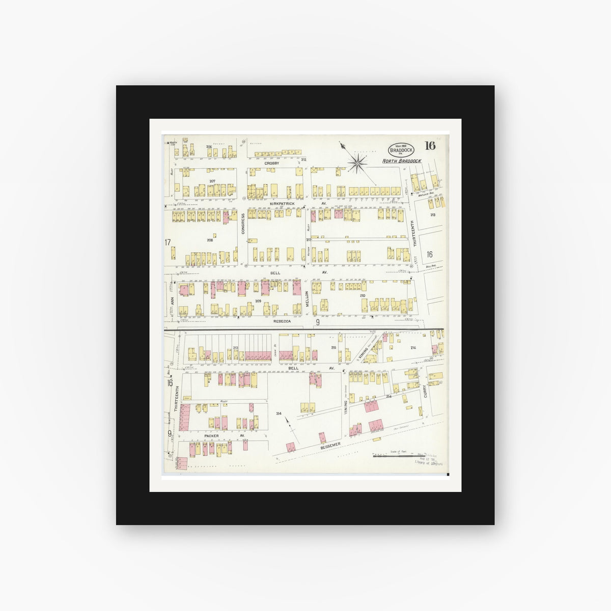 Old map wall art mockup — black gallery frame with white mat — Sanborn Fire Insurance Map from Braddock, Allegheny County, Pennsylvania (1908), Sheet #0016