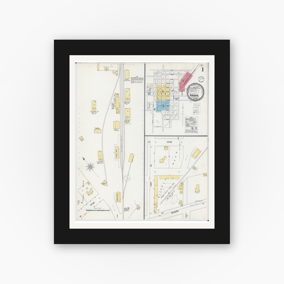 Old map wall art mockup — black gallery frame with white mat — Sanborn Fire Insurance Map from Viroqua, Vernon County, Wisconsin (1900), Sheet #0001