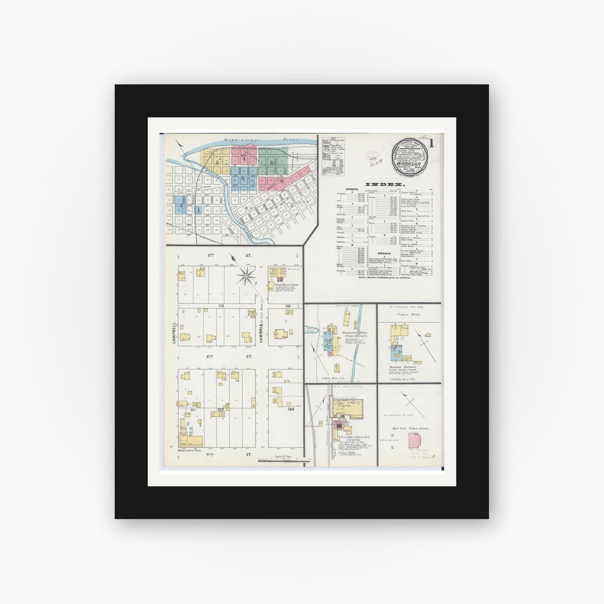 Old map wall art mockup — black gallery frame with white mat — Sanborn Fire Insurance Map from Wabasha, Wabasha County, Minnesota (1895), Sheet #0001
